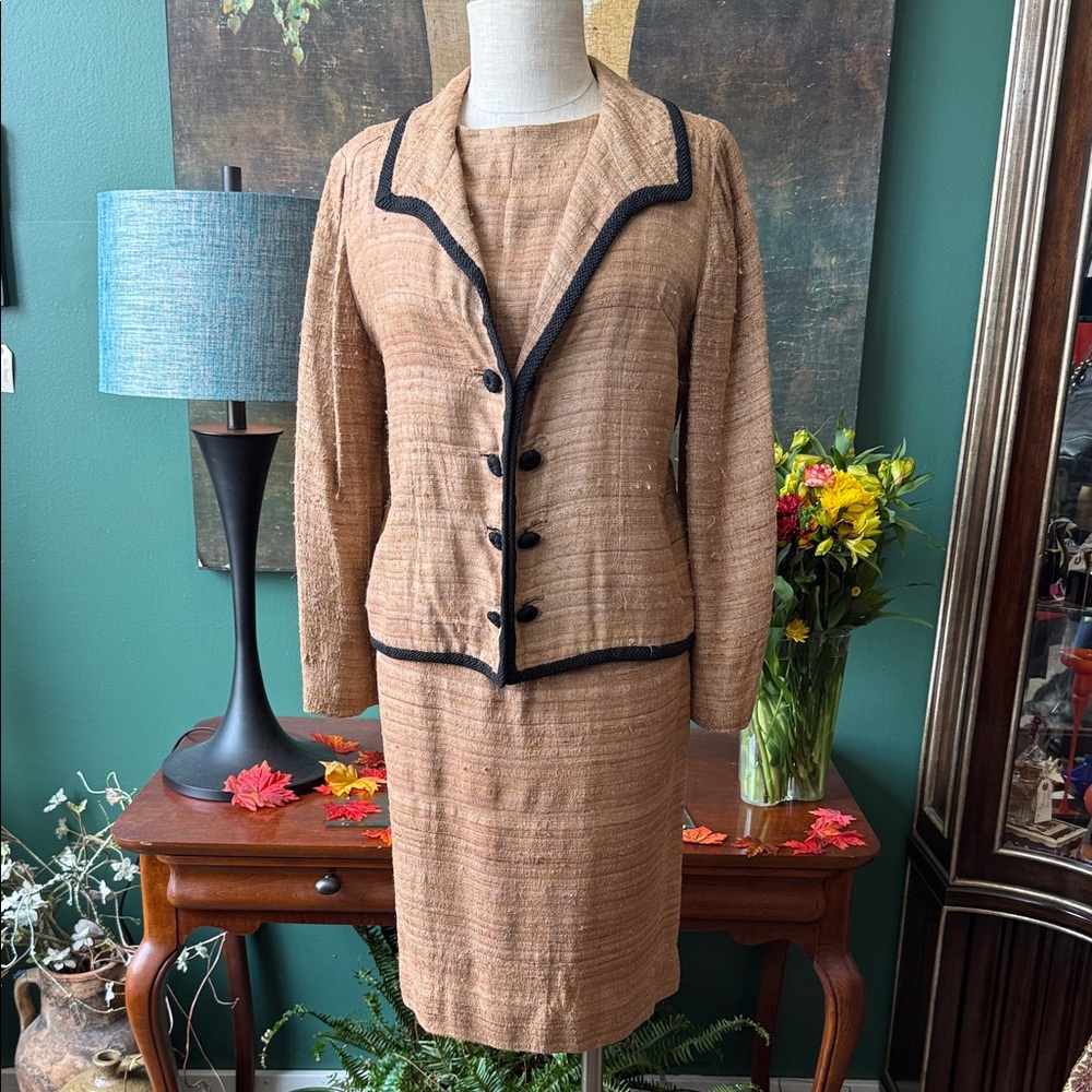 Vintage Vogue Paris Original 1950’s Sleeveless Dress & Jacket with Black Trim